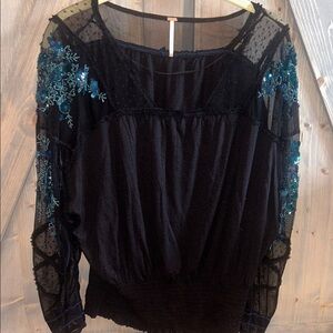 Free People Black Top with Blue Embroidery
